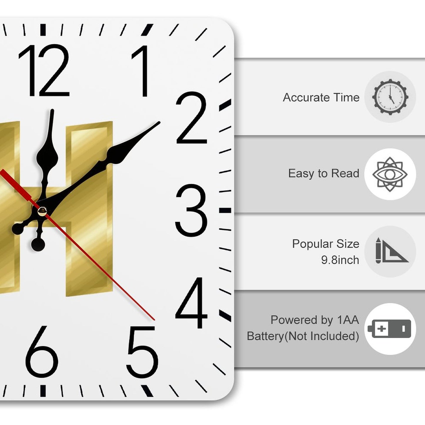 Square Wall Clock-9.8"x9.8"/25x25cm - Letter H