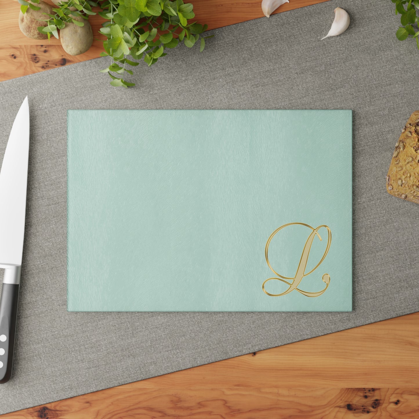 Monogram Glass Cutting Board – Mint with Gold Script 'L'