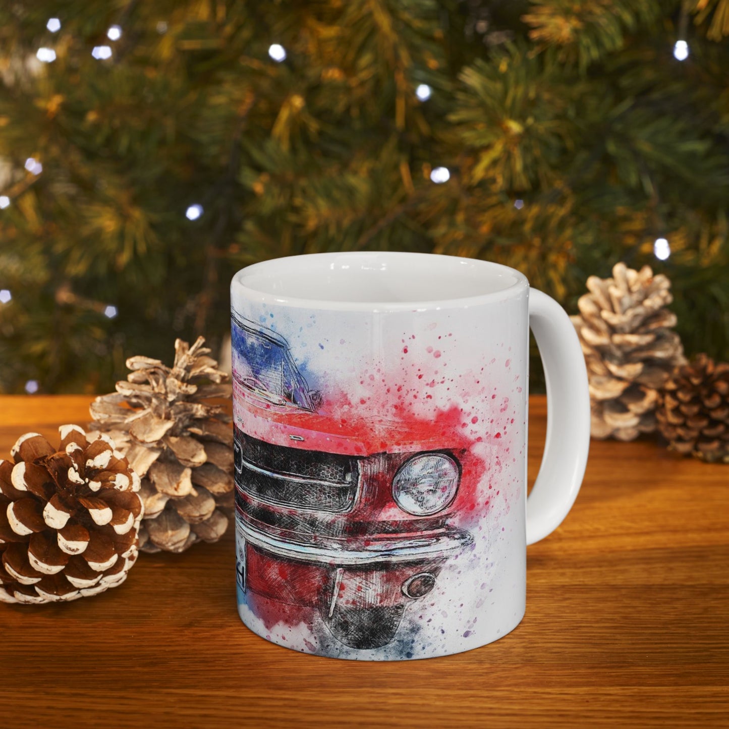 Mustang Front Grill Watercolor Ceramic Mug — Car Enthusiast Coffee Cup (11oz/15oz)