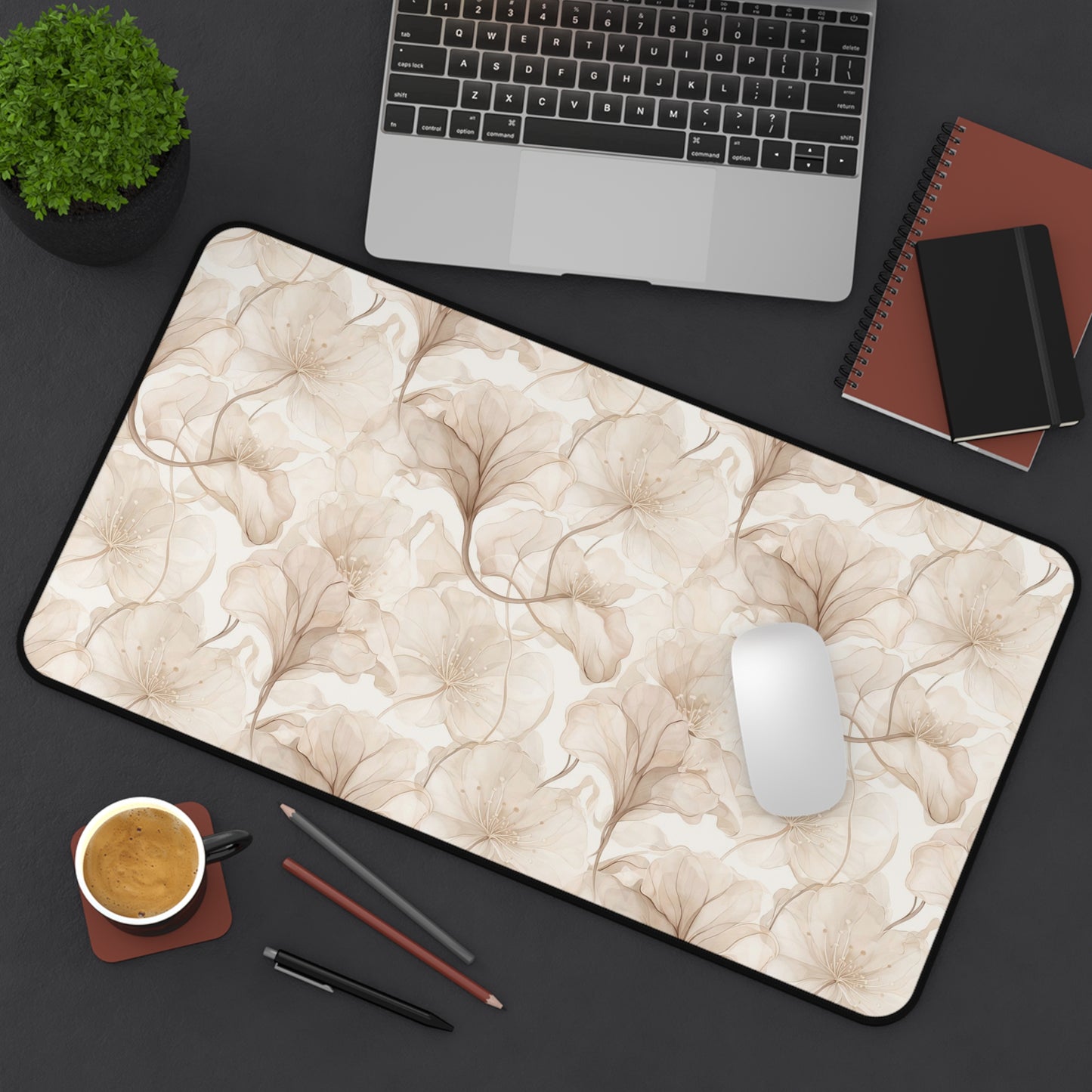 Floral Beige Desk Mat — Neutral Watercolor Ginkgo Mousepad