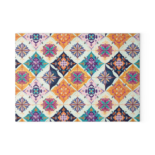 Glass Cutting Board — Colorful Moroccan Tile Pattern, Boho Kitchen Decor
