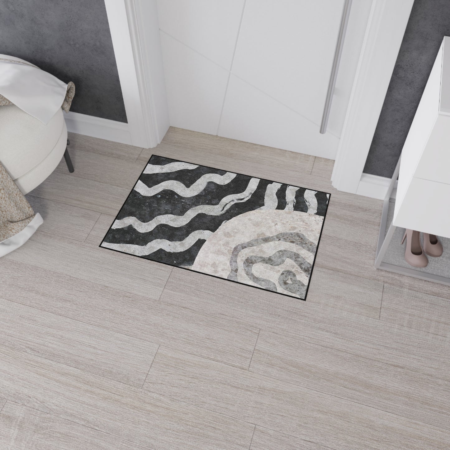 Abstract Black & Gray Heavy Duty Floor Mat — Modern Wave Rug for Entryway, Kitchen, or Office