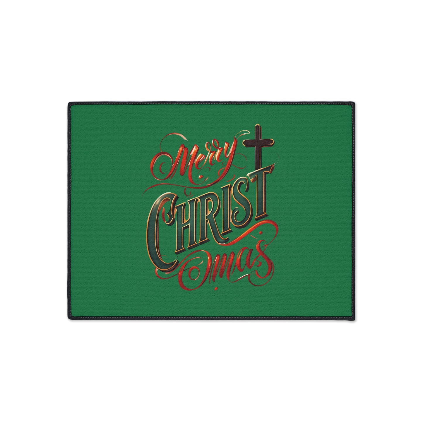 Christmas Floor Mat - "Merry Christmas" Script with Cross, Heavy-Duty Holiday Doormat