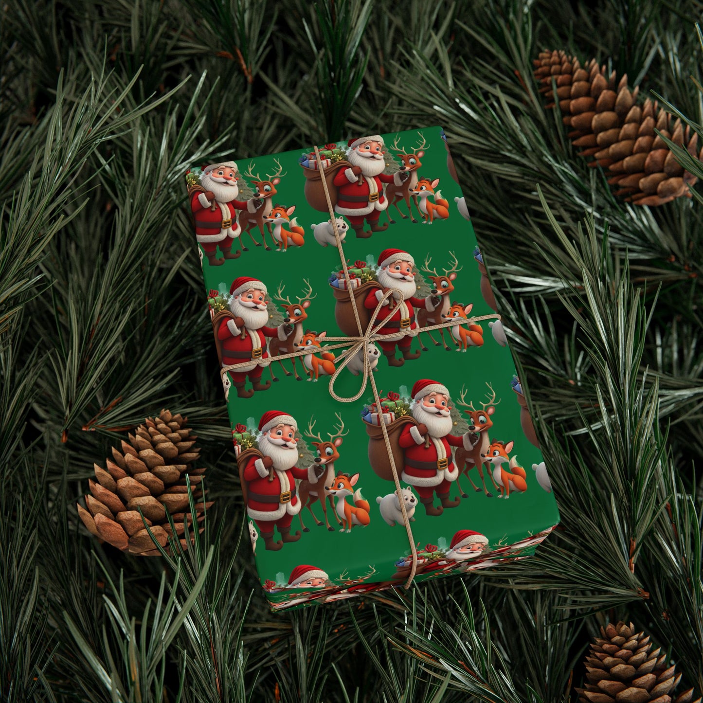 Christmas Santa & Reindeer Wrapping Paper Roll — Festive Green Holiday Gift Wrap