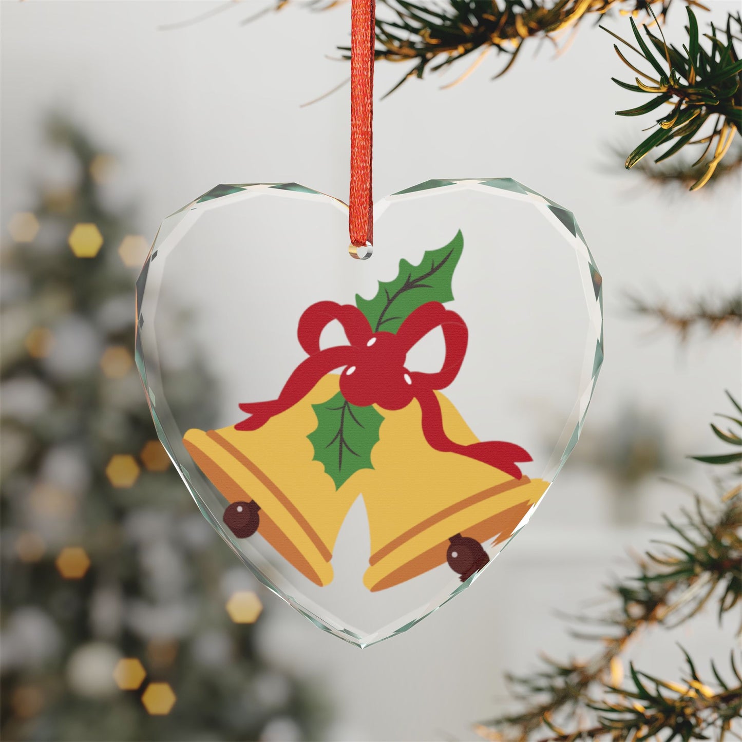Heart Crystal Ornament – Festive Christmas Bells with Holly Holiday Decoration