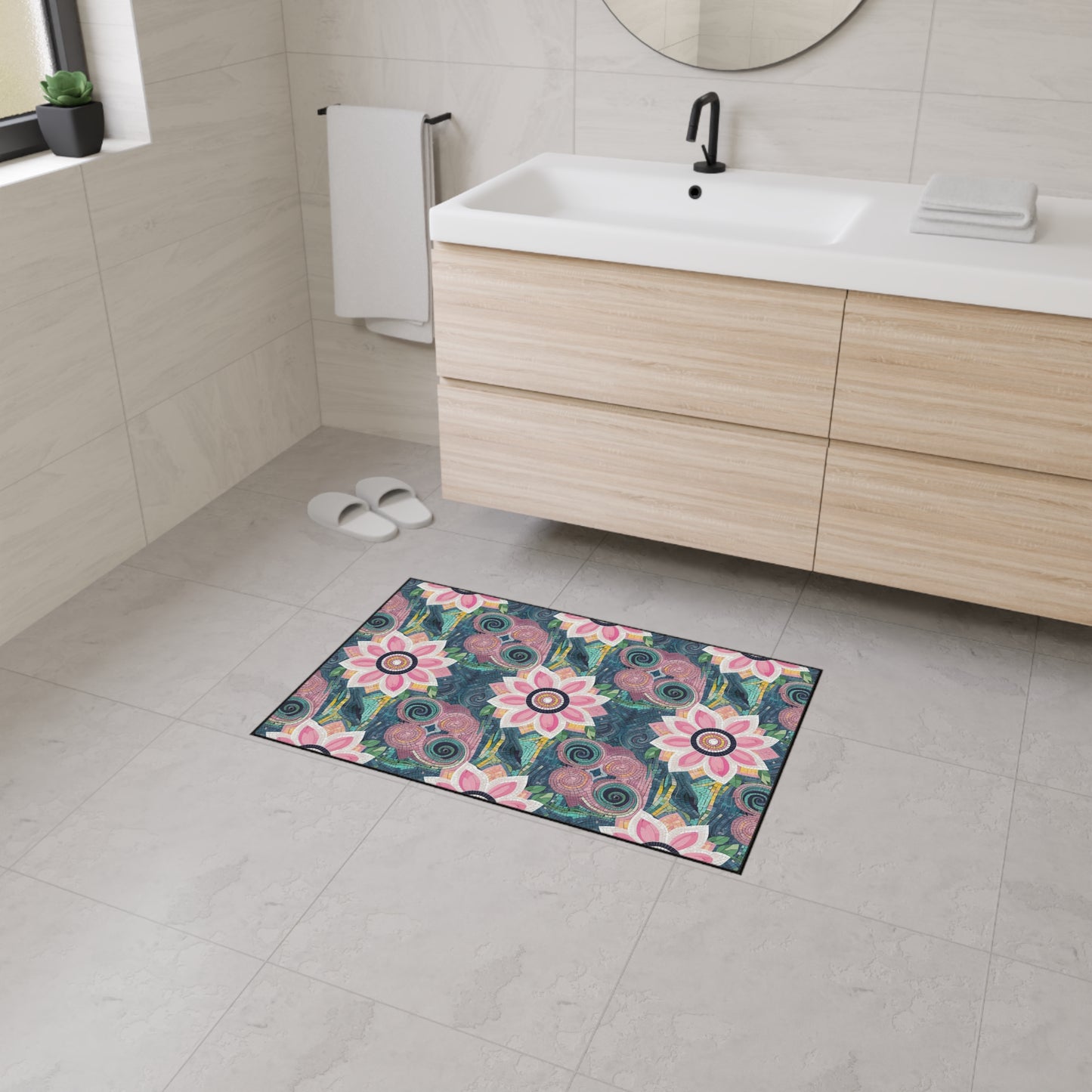 Floral Boho Heavy-Duty Floor Mat — Pink Lotus Pattern Rug