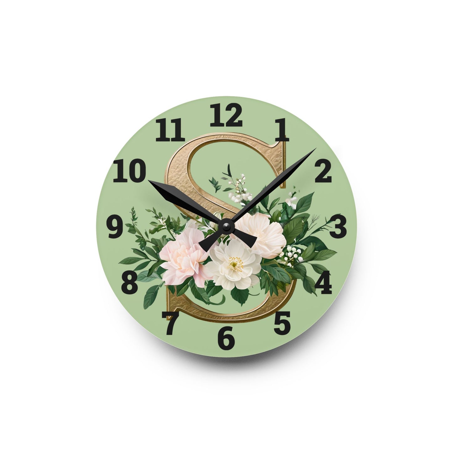 Floral Initial Acrylic Wall Clock, Elegant Home Décor - Letter S