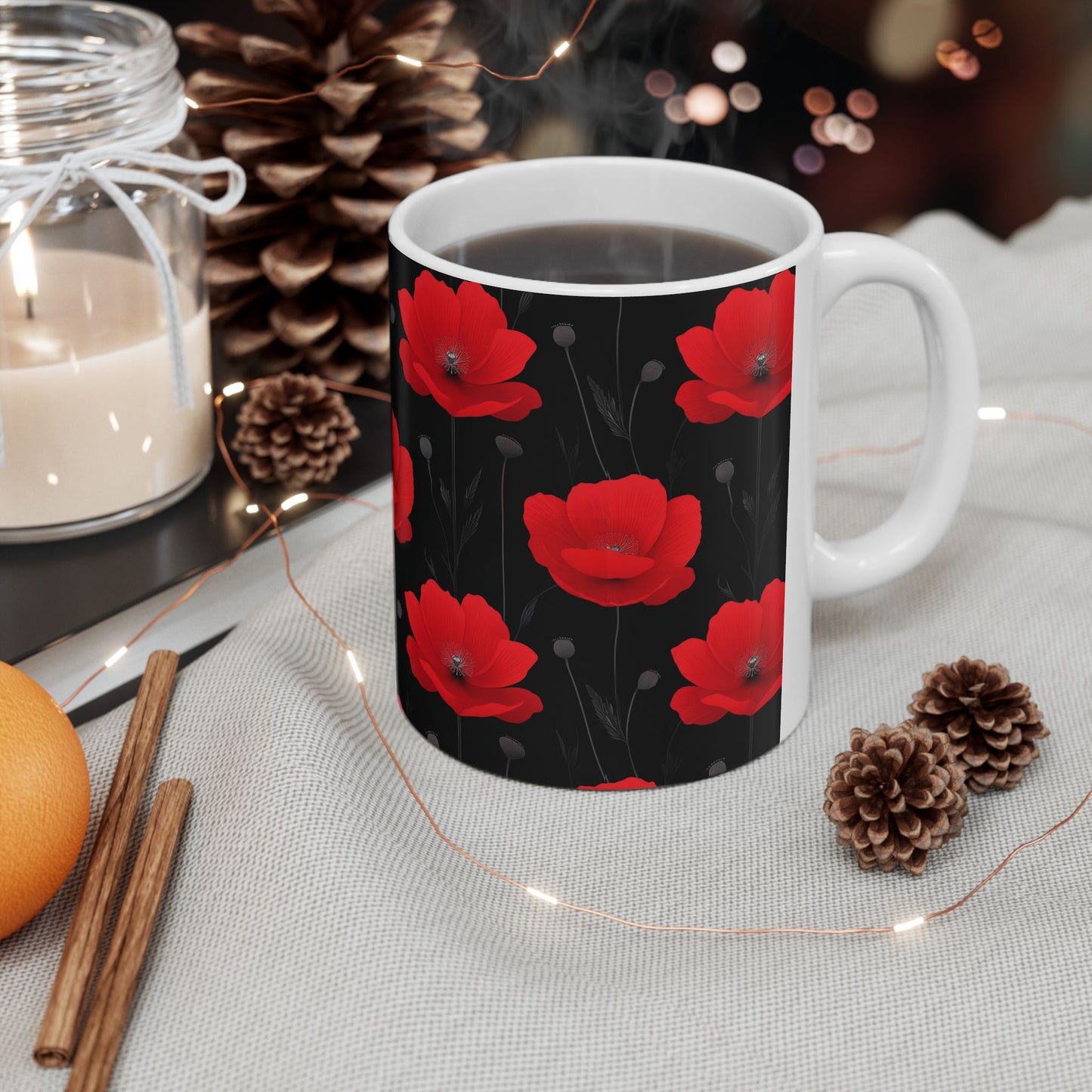 Red Poppy Floral Mug — Black Background Ceramic Coffee Cup (11oz, 15oz)