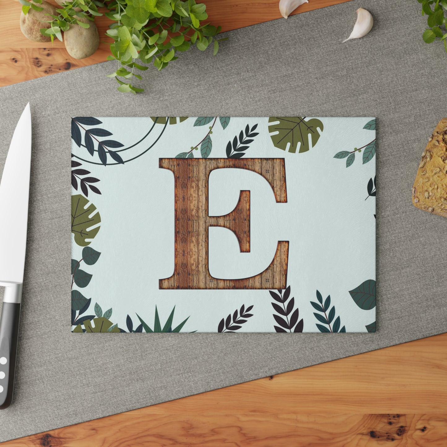 Monogram Glass Cutting Board — Rustic Wood ‘E’ with Tropical Leaf Border