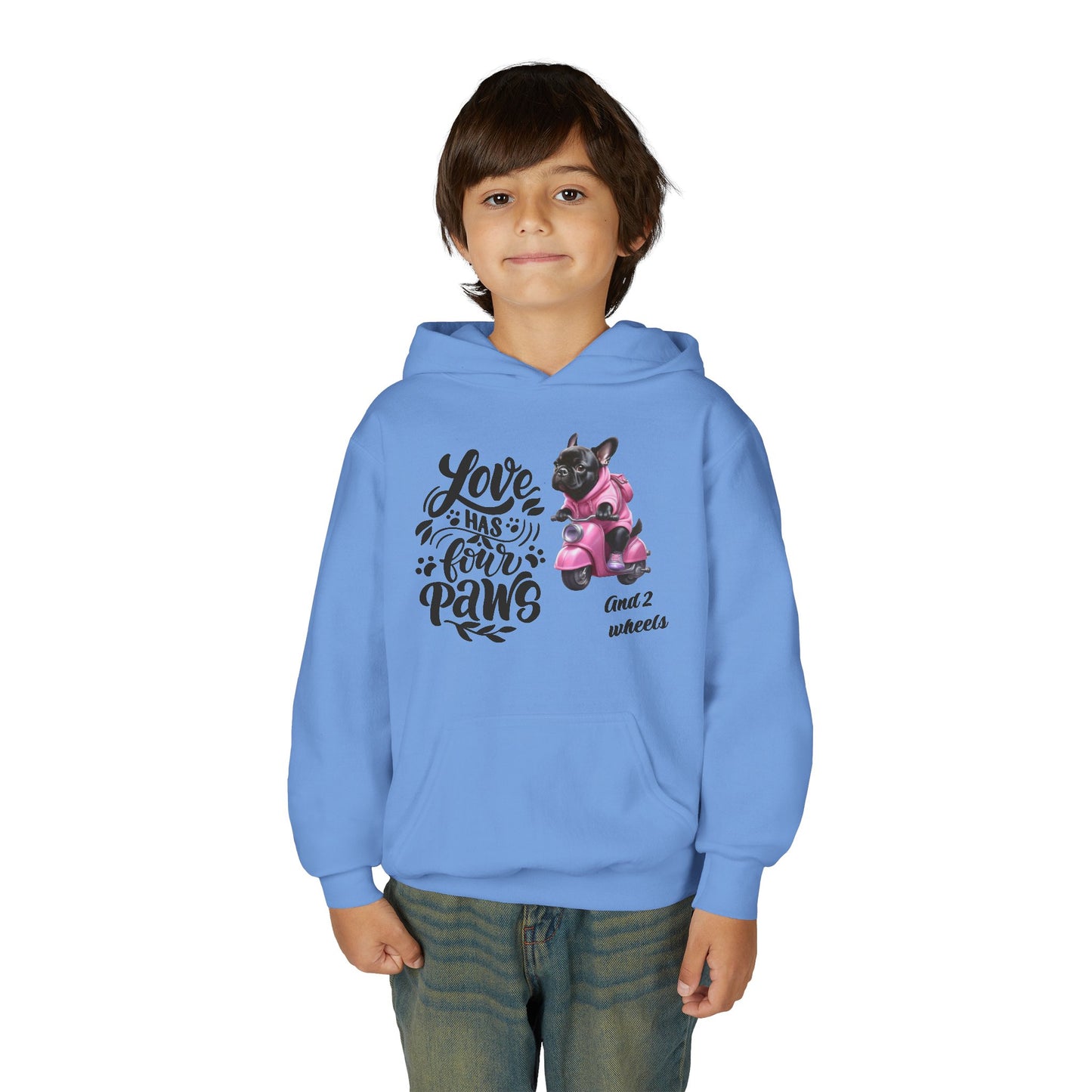Youth Hoodie — "Love Has Four Paws" Pink Scooter French Bulldog Graphic