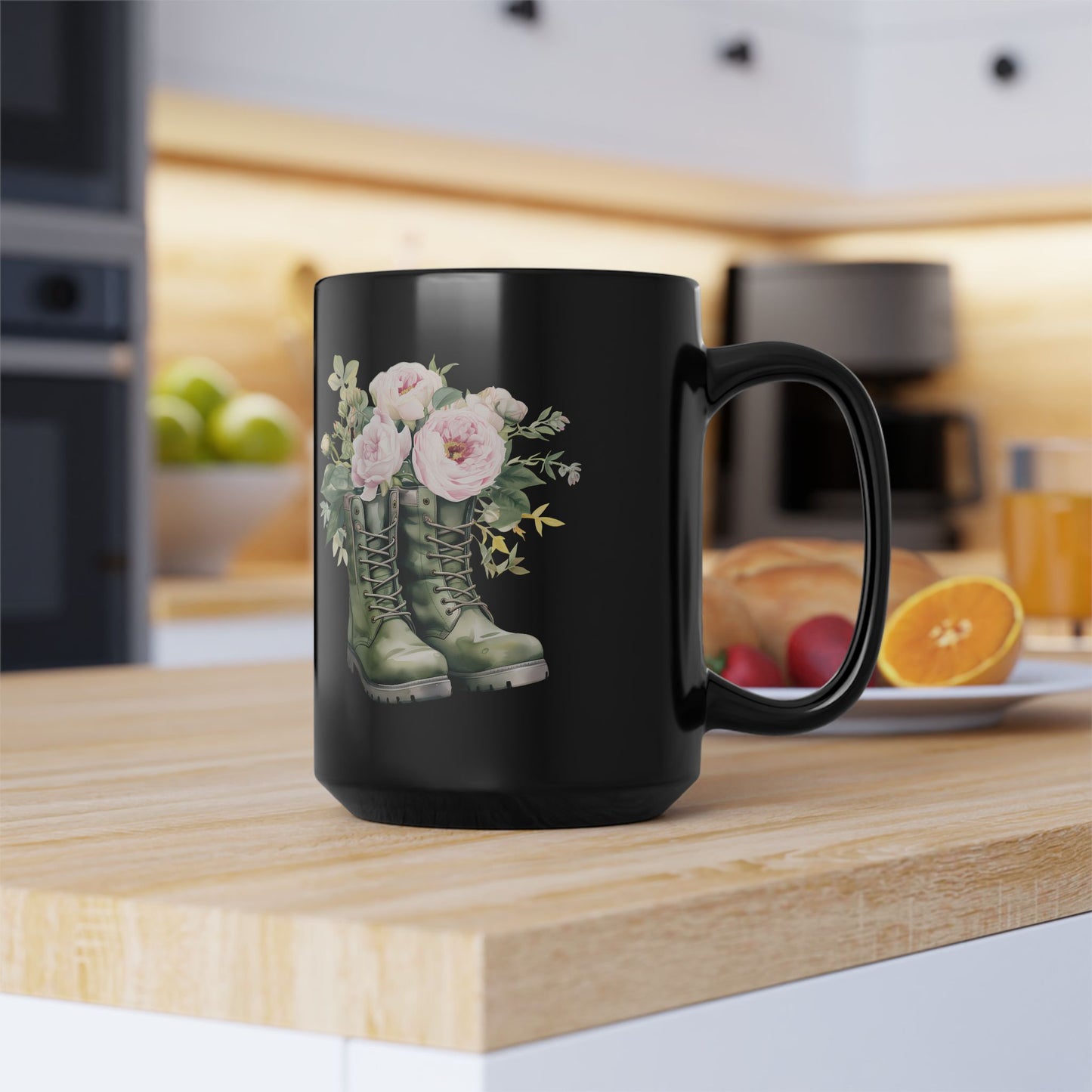 Floral Combat Boots Black 15oz Mug — Rustic Military Flower Coffee Cup