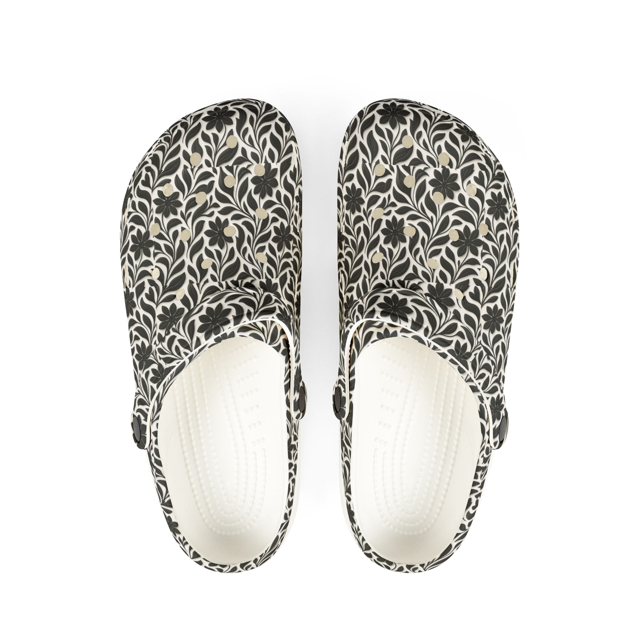 Floral EVA Foam Clogs — Lightweight Black & Cream Garden Pattern
