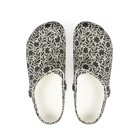Floral EVA Foam Clogs — Lightweight Black & Cream Garden Pattern