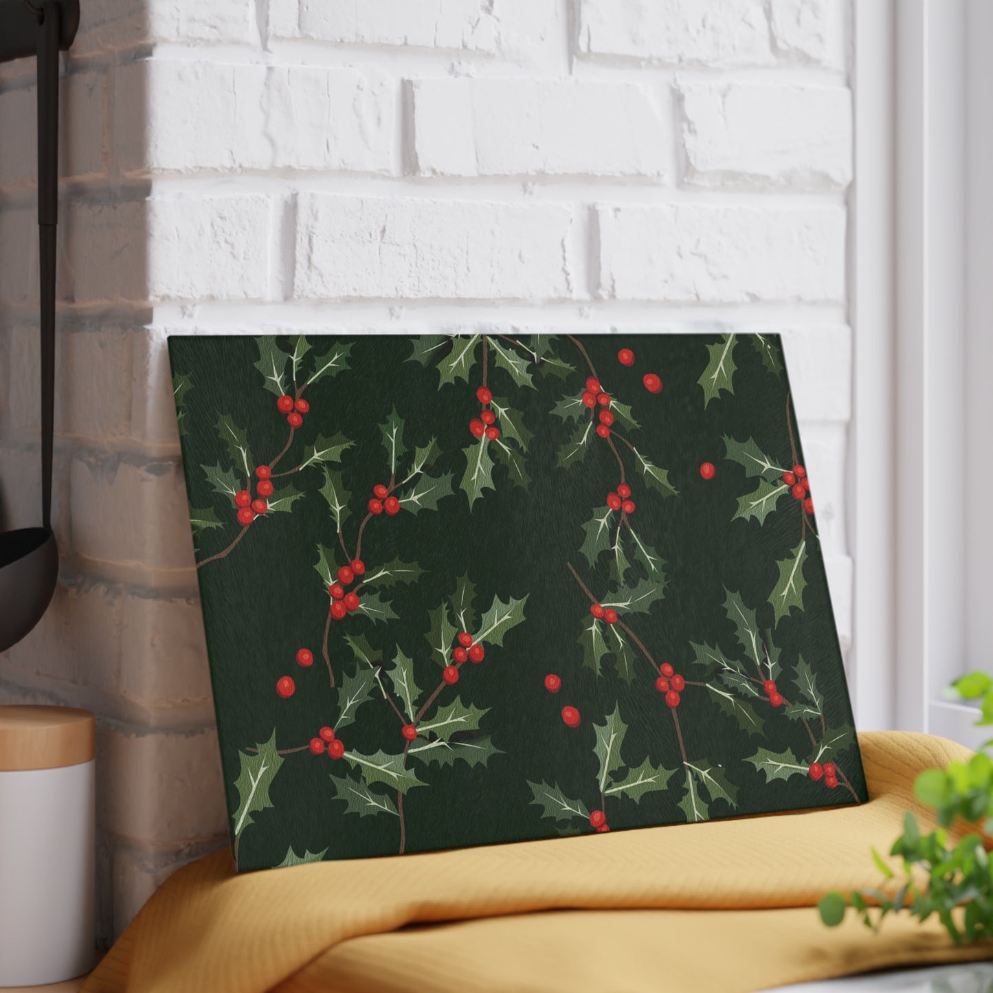 Holly Berry Glass Cutting Board - Festive Christmas Kitchen Decor