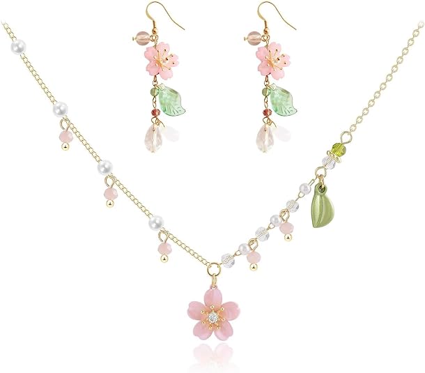 Pink Flower Necklace Earrings Set for Women Cherry Blossom Floral Pearl Pendant