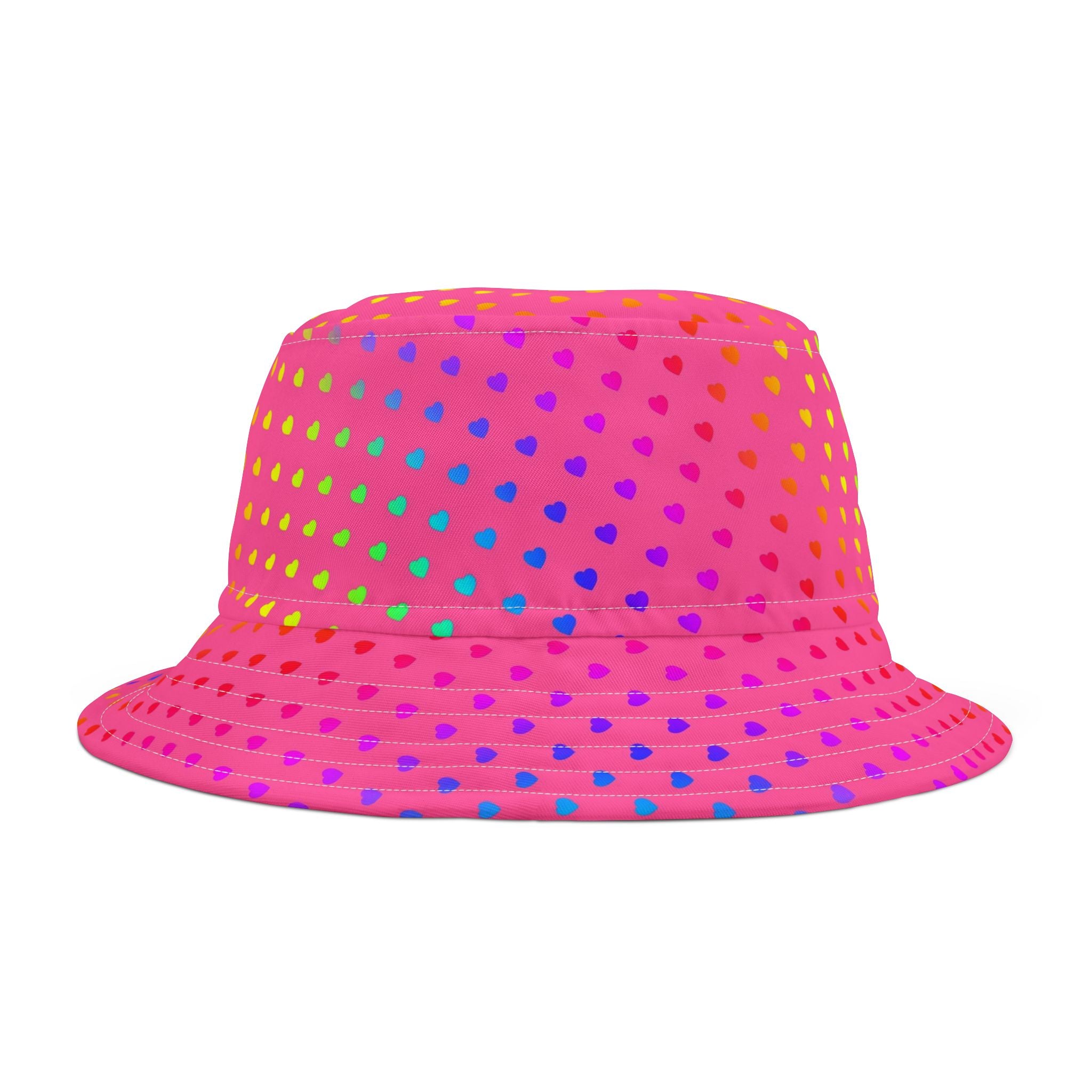 Pink Rainbow Heart Bucket Hat — Colorful Polka Dot Summer Sun Hat
