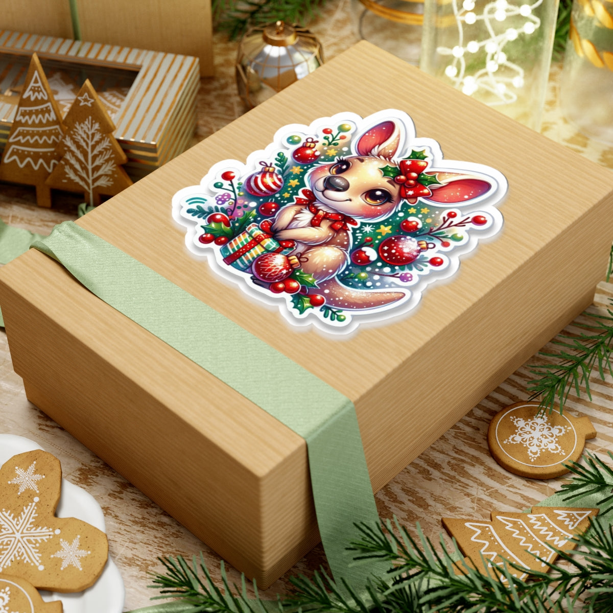 Festive Kangaroo Kiss-Cut Stickers, Christmas Decor, Holiday Gifts, Cute Animal Stickers, Laptop Decals, Children's Party Supplies