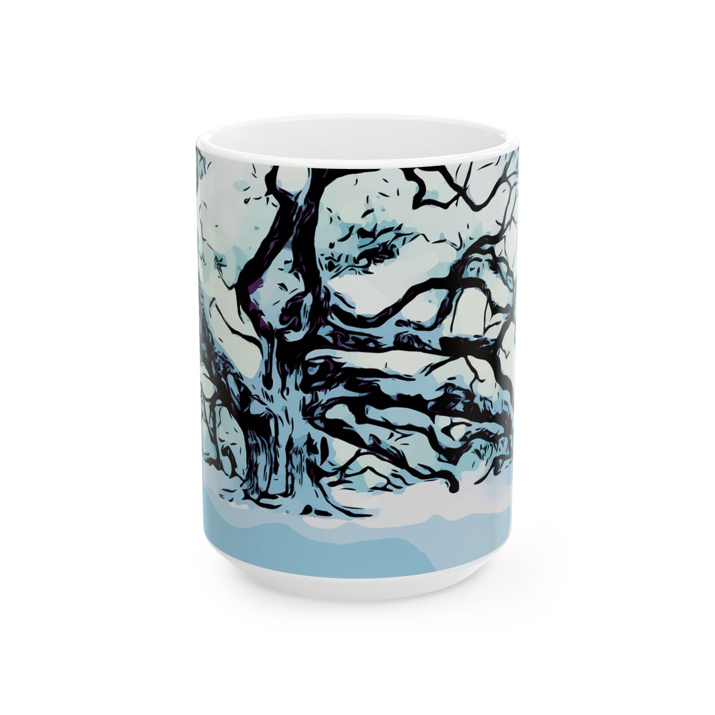 Winter Oak Tree Ceramic Mug — Scenic Snowy Tree Coffee Cup (11oz, 15oz)