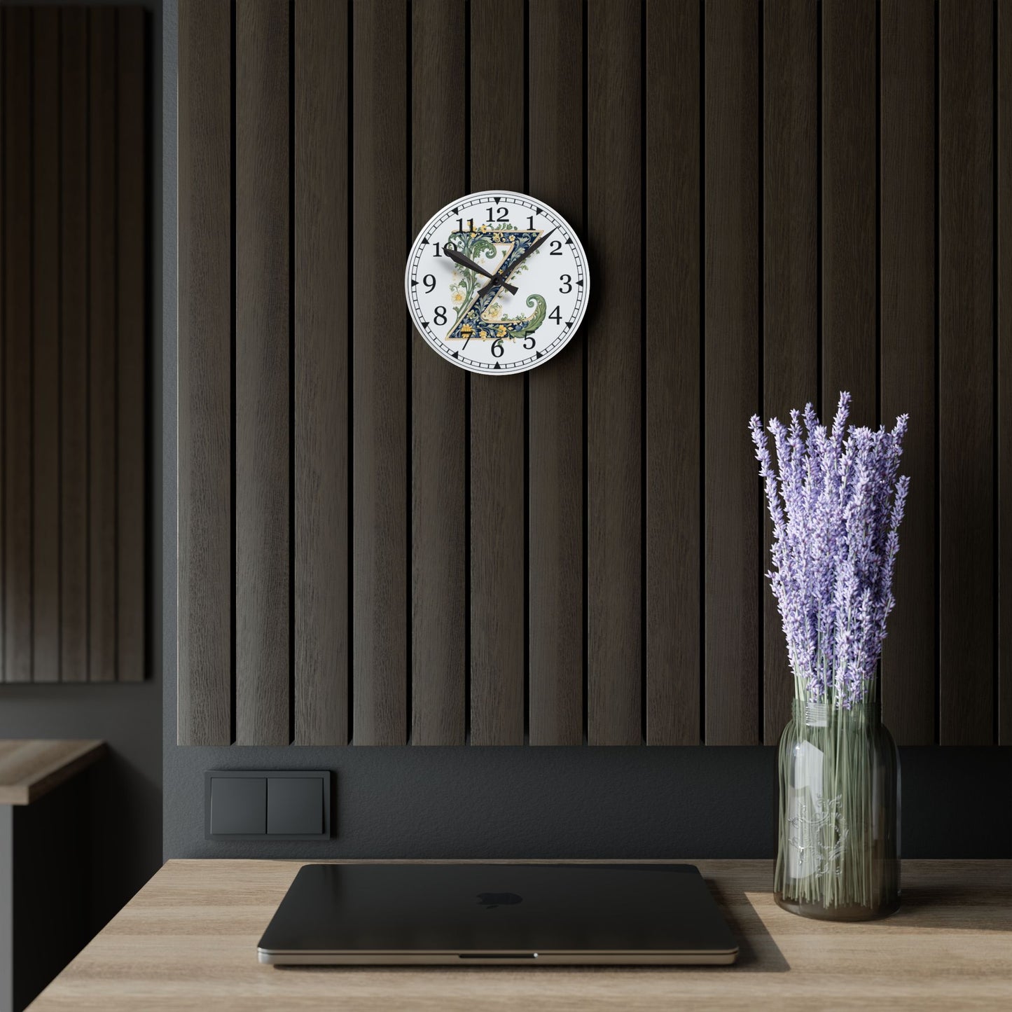Floral Monogram "Z" Acrylic Wall Clock — Vintage Botanical Initial Clock