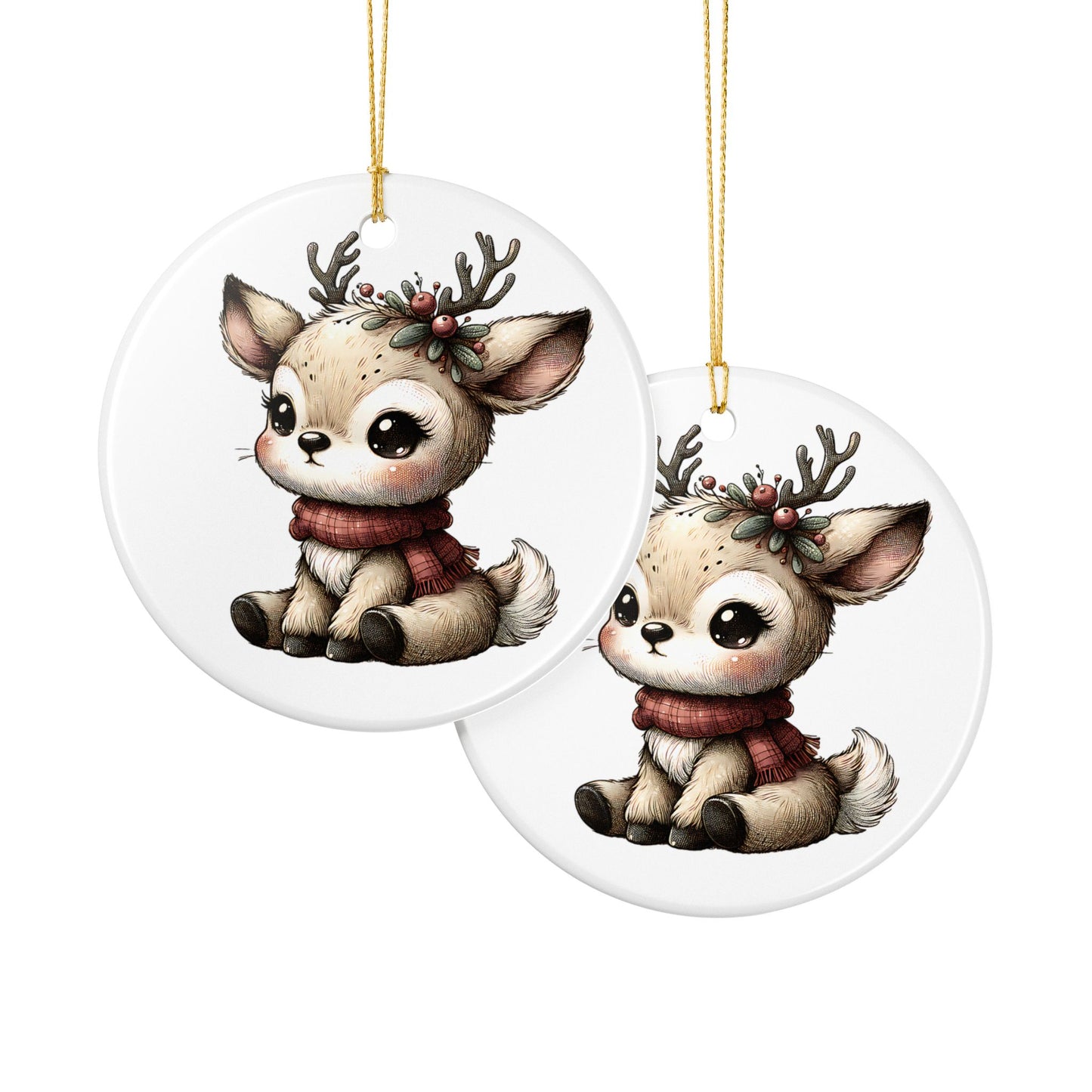 Cute Baby Reindeer Ceramic Ornament – Two-Sided Holiday Tree Decoration