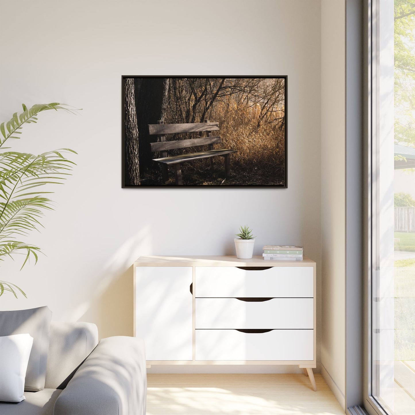 Framed Matte Canvas Print — Autumn Park Bench Photography
