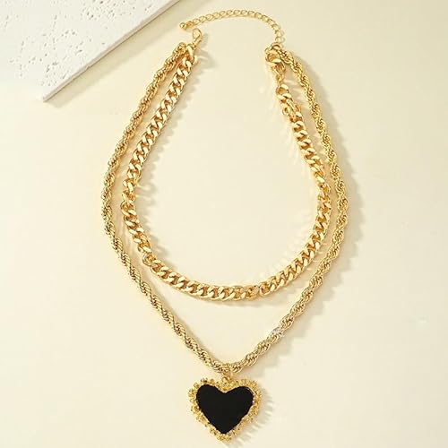Chunky Gold Chain Necklace Set with Big Black Heart Pendant, Layered Choker Necklaces, Double Strand Rope and Cuban Link Chains, Fashion Statement Jewelry