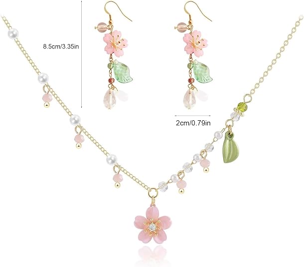 Pink Flower Necklace Earrings Set for Women Cherry Blossom Floral Pearl Pendant