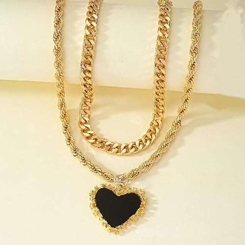Chunky Gold Chain Necklace Set with Big Black Heart Pendant, Layered Choker Necklaces, Double Strand Rope and Cuban Link Chains, Fashion Statement Jewelry
