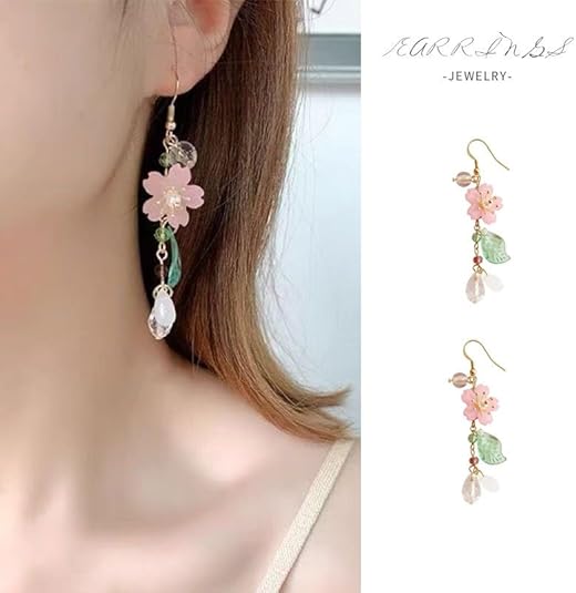 Pink Flower Necklace Earrings Set for Women Cherry Blossom Floral Pearl Pendant