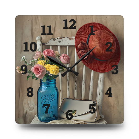Vintage Floral Acrylic Wall Clock - Cottage Decor, Country Home Accent
