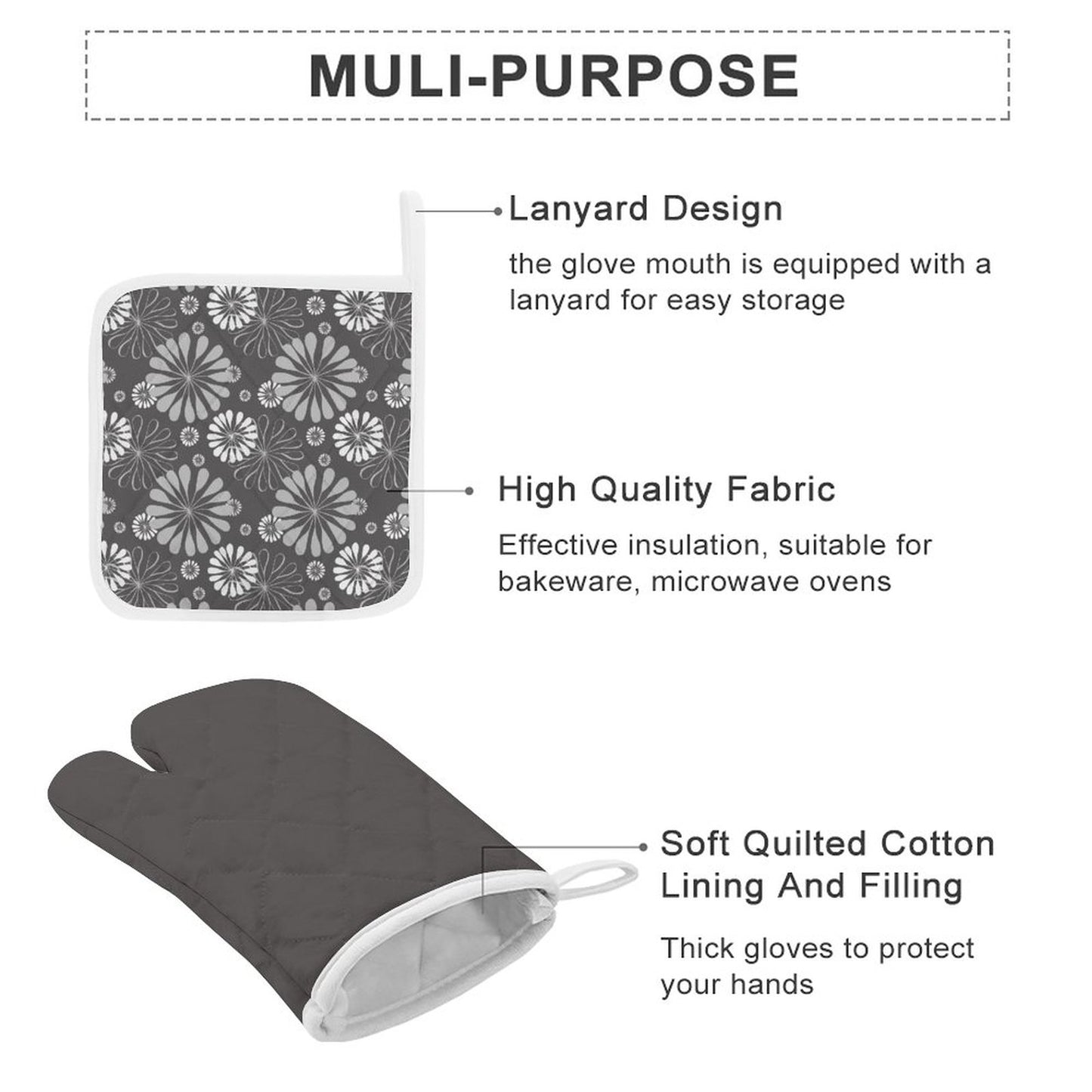 Oven Mitts & Pot Holder Set of 3 Gray