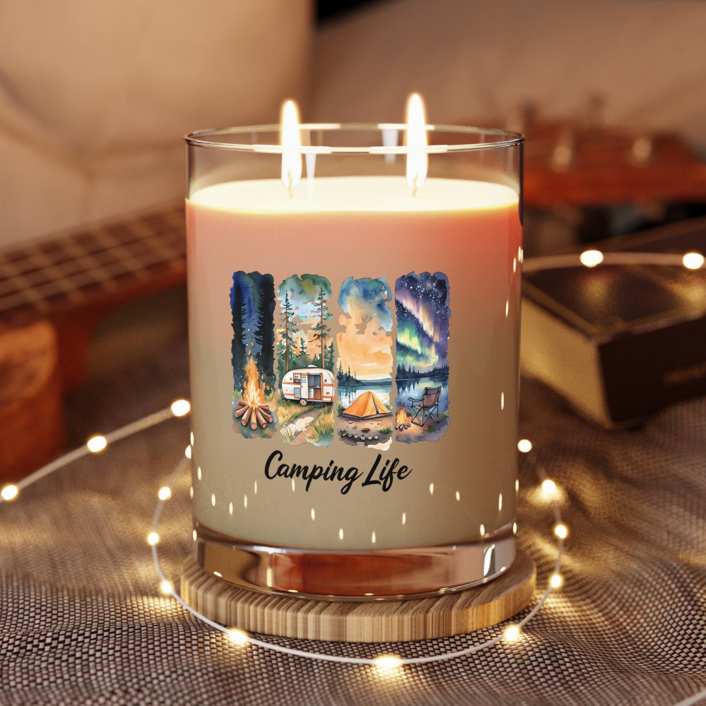 Camping Life Scented Candle — 11oz Glass Candle with Campfire & Northern Lights Design