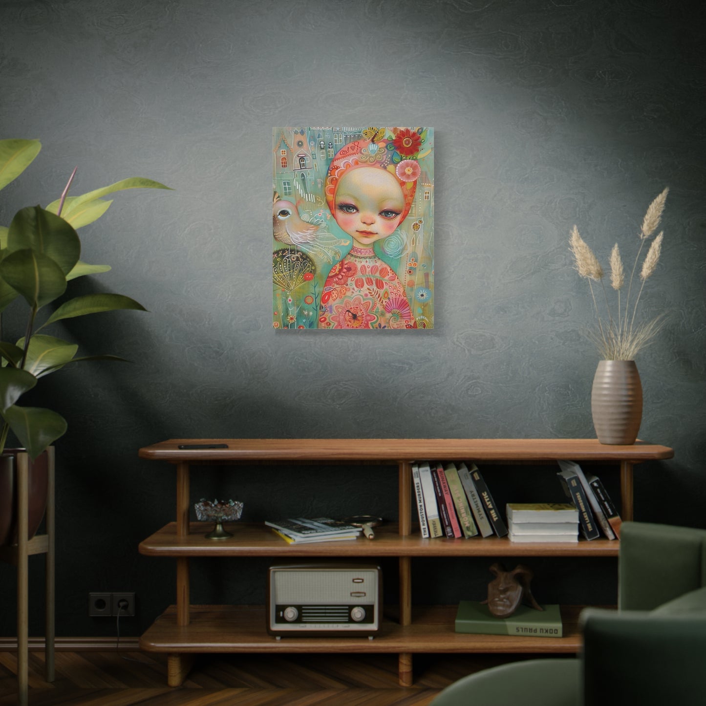 Whimsical Girl & Bird Matte Canvas Wall Art — Stretched Decorative Painting