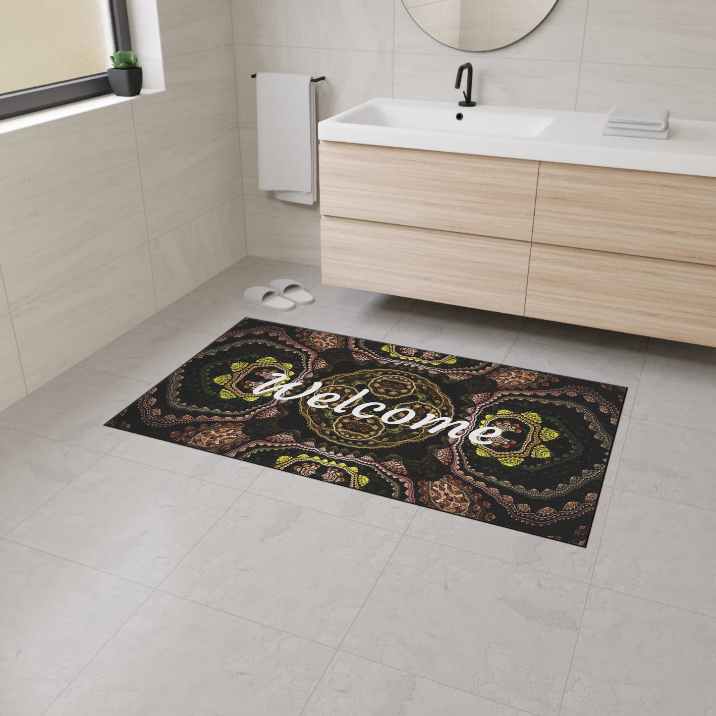Welcome Heavy Duty Floor Mat — Boho Kaleidoscope Entrance Rug for Home & Office