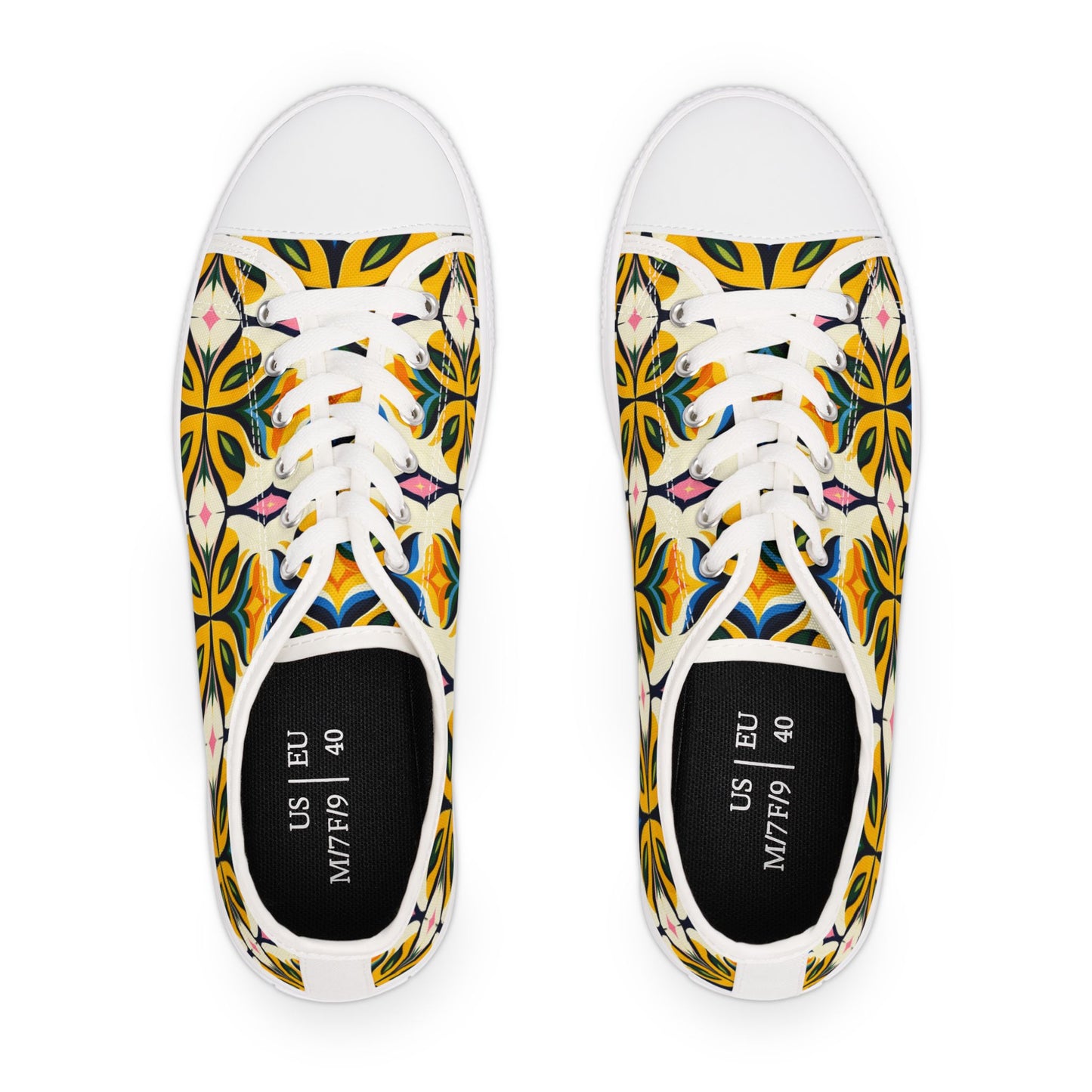 Floral Geometric Low Top Sneakers — Yellow Retro Tile Pattern