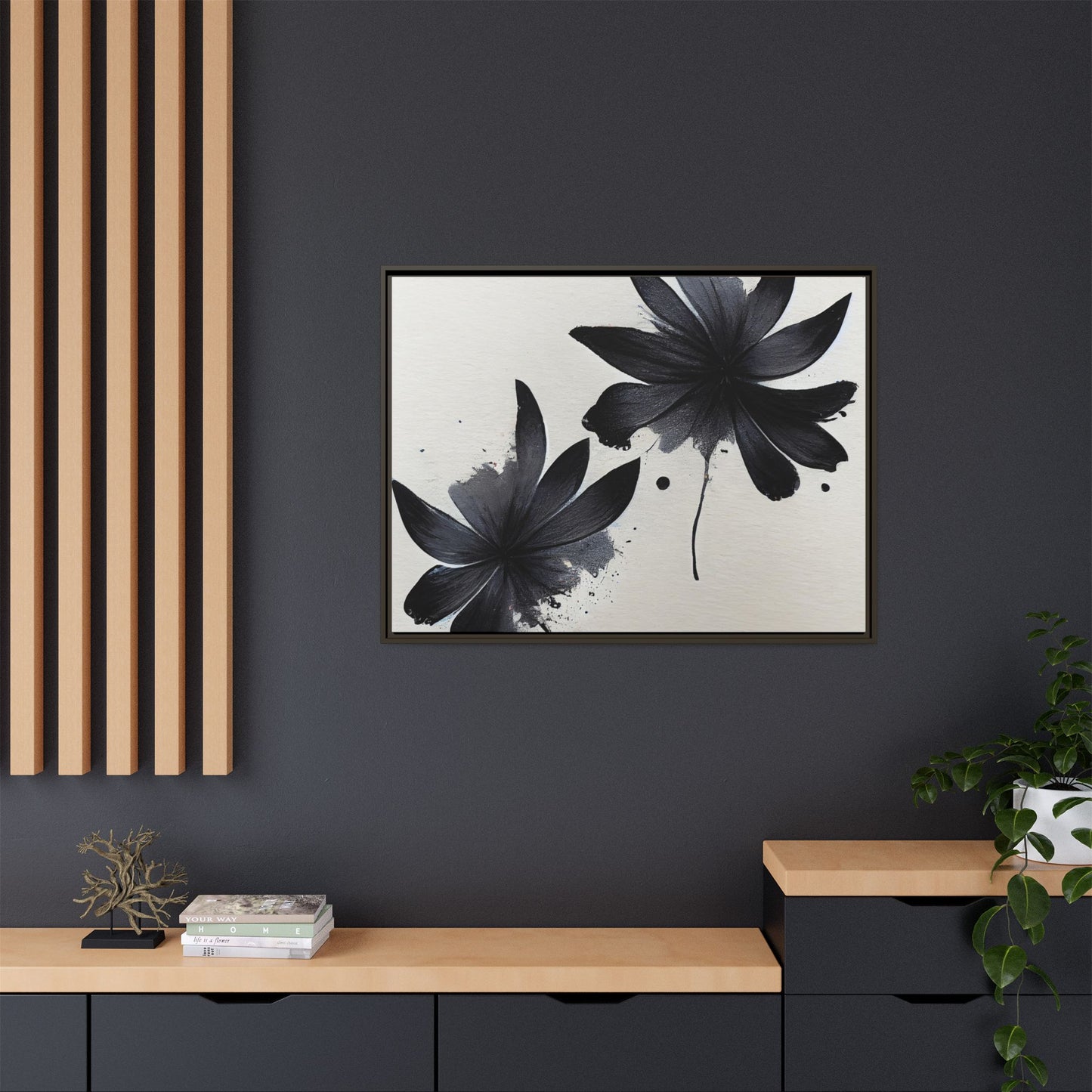 Framed Black Floral Matte Canvas Wall Art — Monochrome Botanical Print