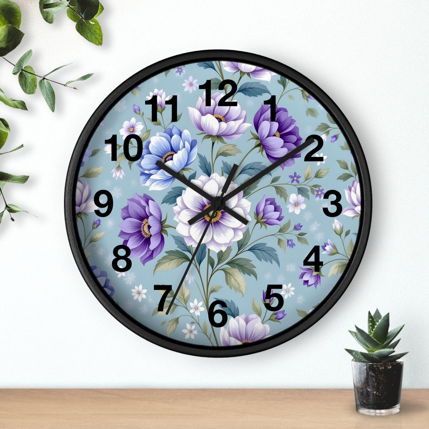 Floral Wall Clock — Vintage Purple & Blue Peony Garden Clock