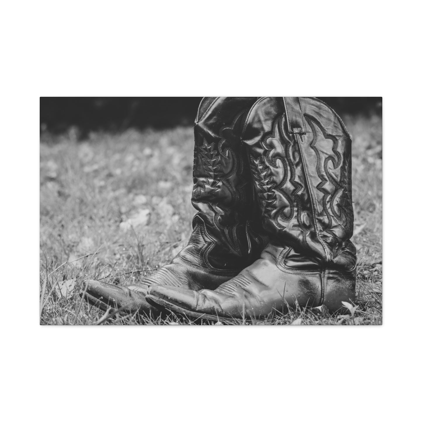 Western Cowboy Boots Matte Canvas Wall Art – Black & White Rustic Country Decor