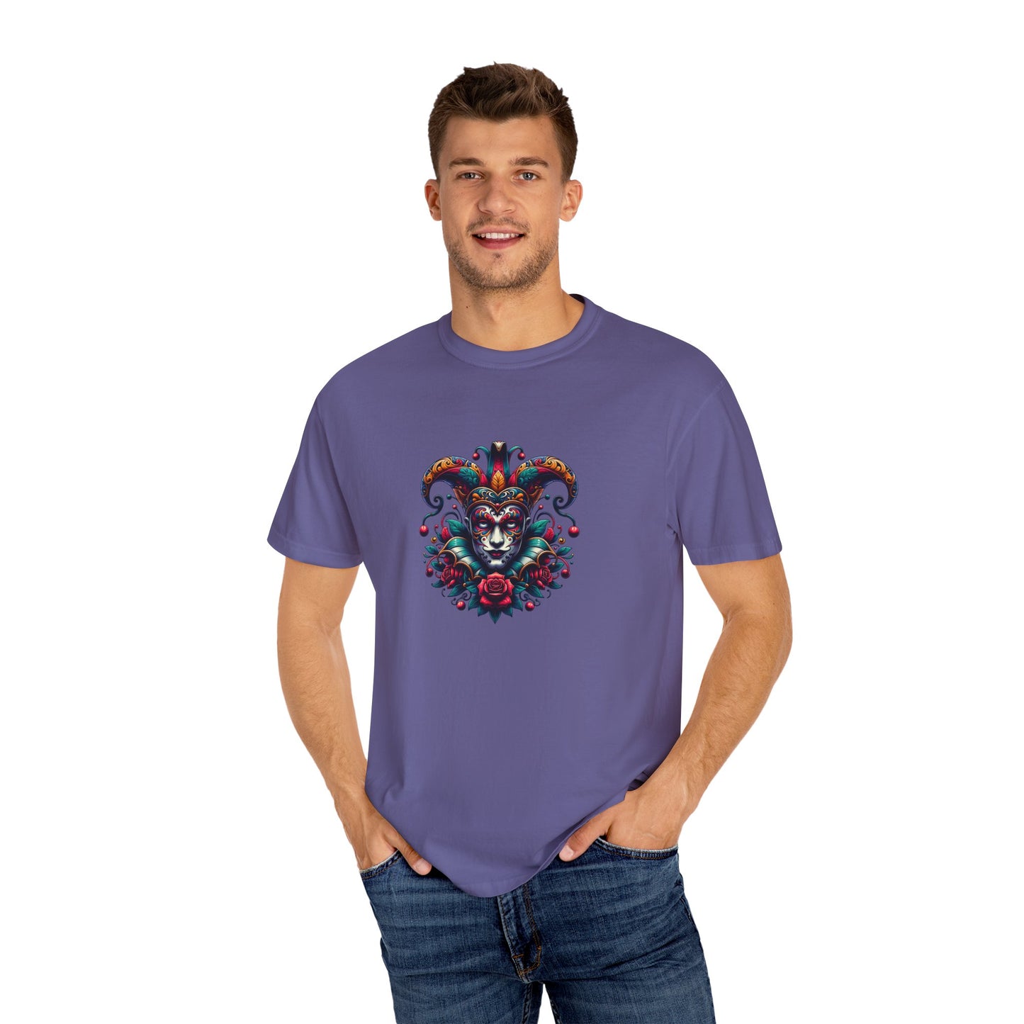 Vibrant Graphic Unisex T-Shirt with Floral Mask Design, Casual Wear, Festival Outfit, Gift for Friends, Unique Fashion Statement
