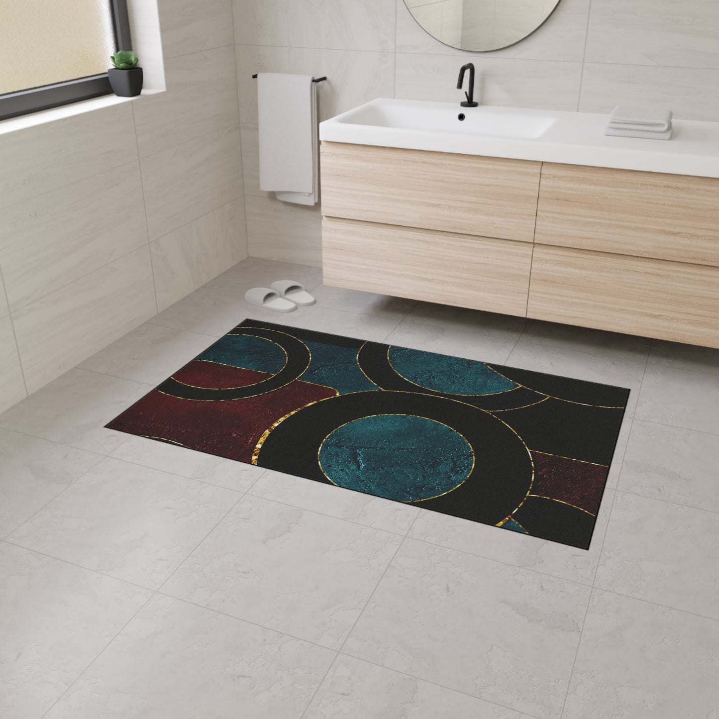 Heavy-Duty Floor Mat — Teal & Burgundy Modern Circle Entry Rug