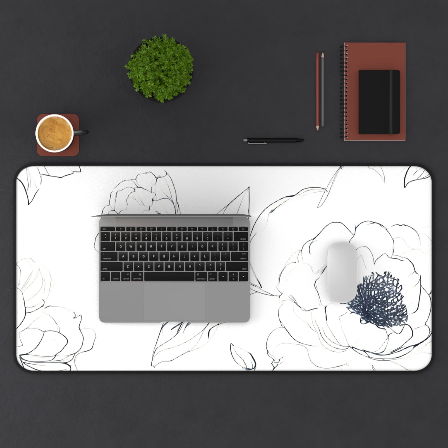 Floral Sketch Desk Mat — Minimal Black & White Blossom Mousepad