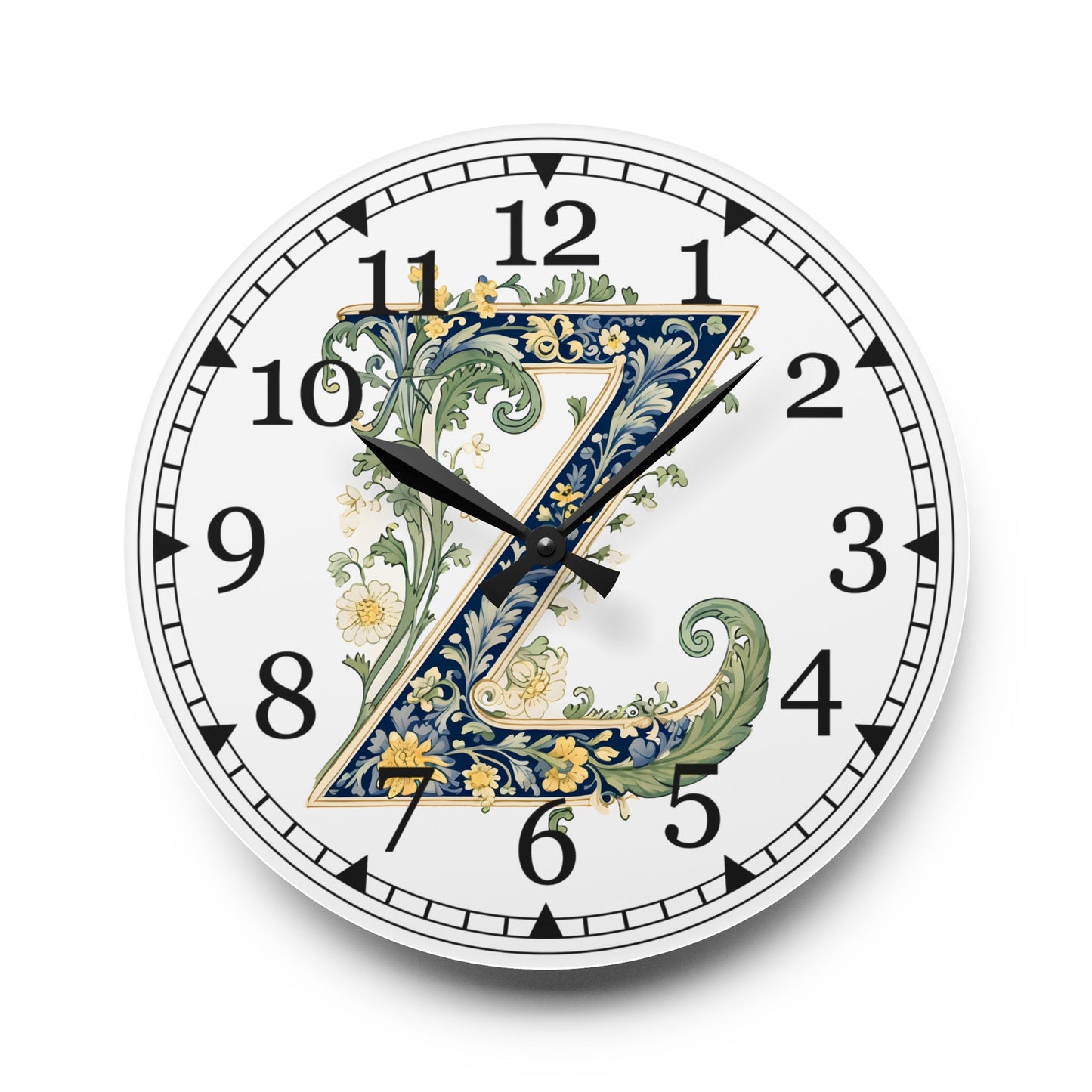 Floral Monogram "Z" Acrylic Wall Clock — Vintage Botanical Initial Clock