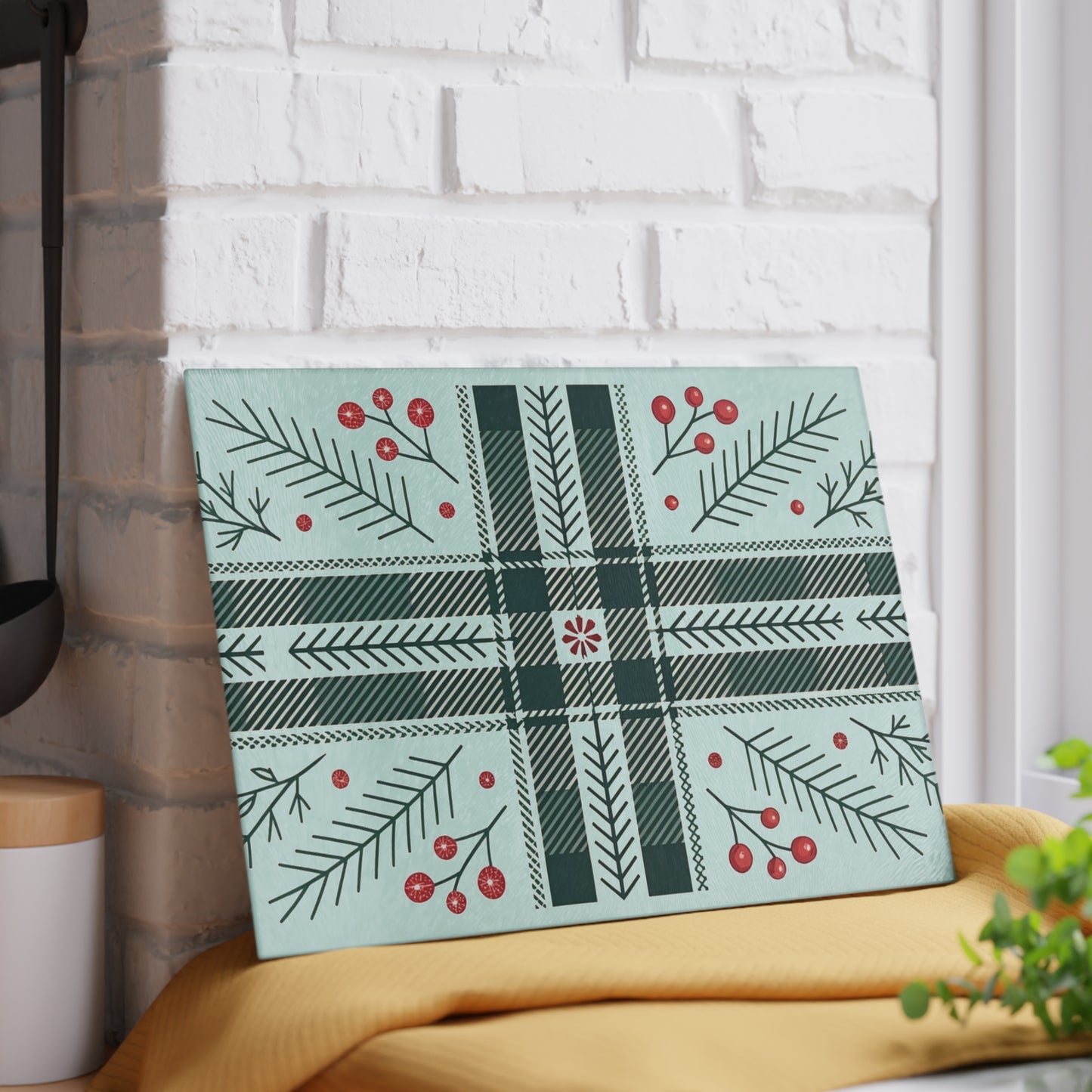 Festive Plaid & Holly Glass Cutting Board — Holiday Kitchen Decor