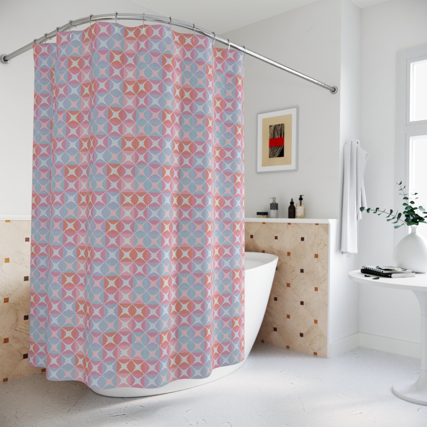 Geometric Pastel Shower Curtain — Retro Tile Pattern in Pink & Blue