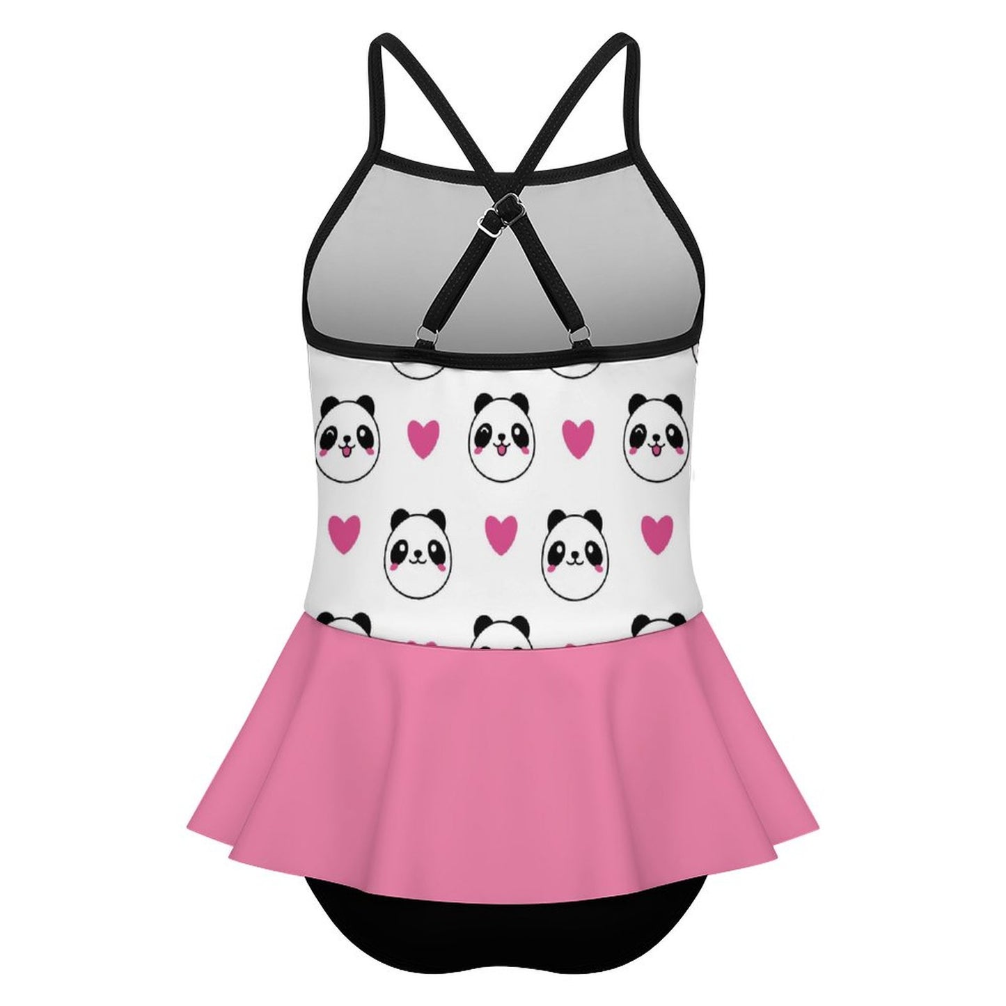 Girls One Piece Ruffle Strap Swimsuit Pink hearts and Panda