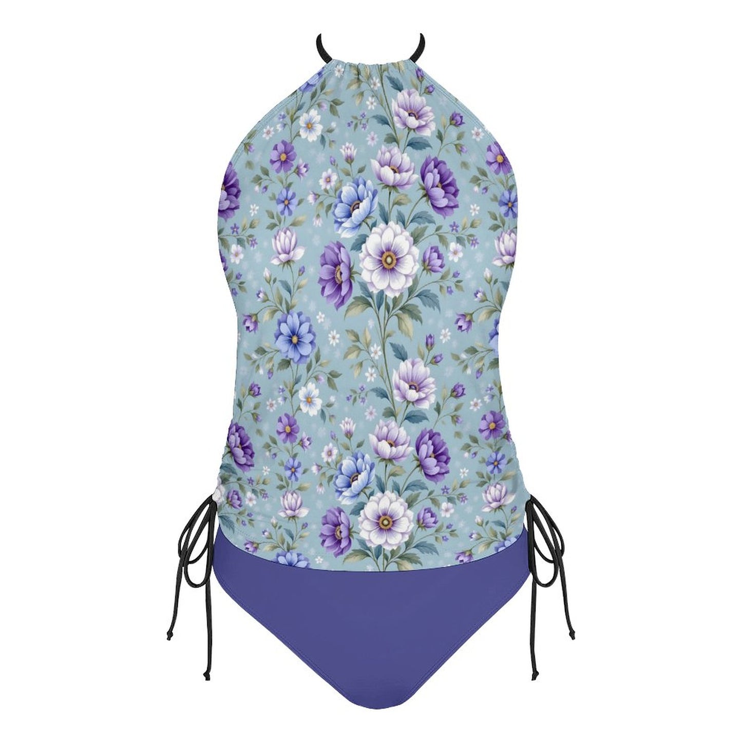 2-Piece Women's Tankini Set with High Neck Halter Top Floral