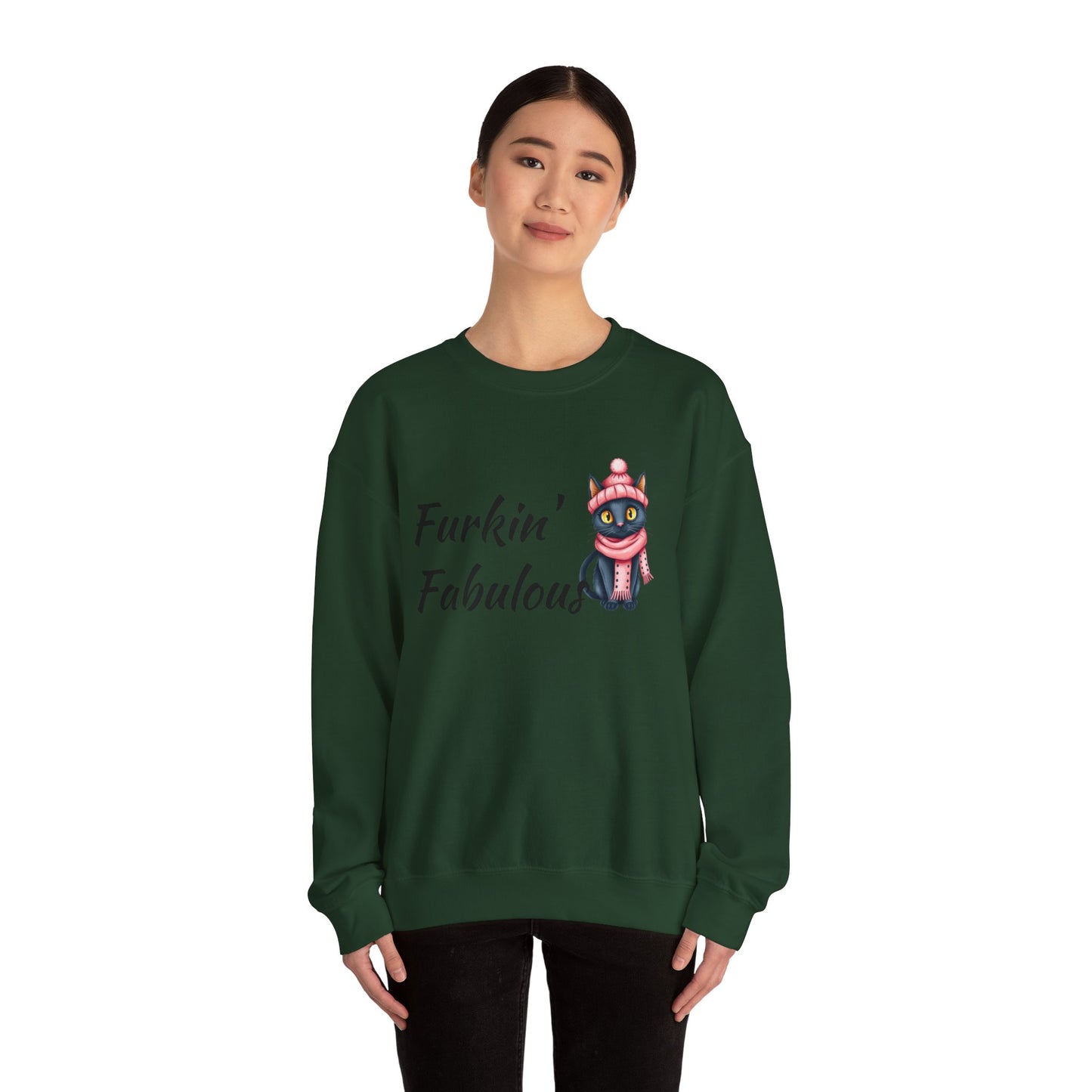 Crewneck Sweatshirt — "Furkin' Fabulous" Cute Black Cat in Pink Hat & Scarf