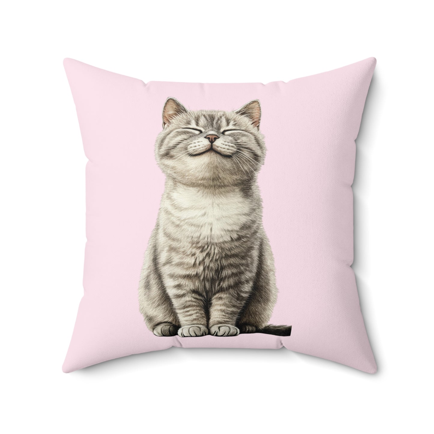 Smiling Cat Throw Pillow — Cute Grey Kitten on Pink Decorative Pillow
