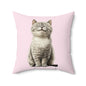 Smiling Cat Throw Pillow — Cute Grey Kitten on Pink Decorative Pillow