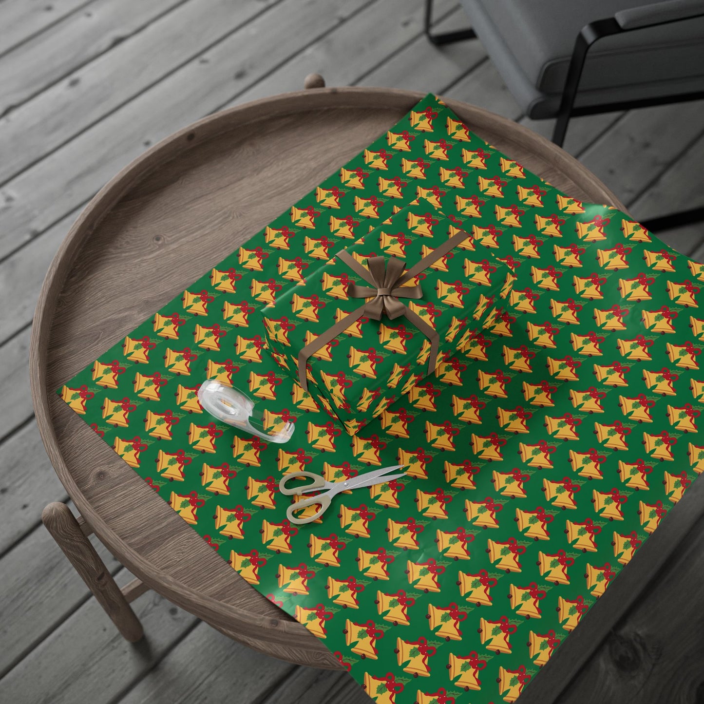 Christmas Bells Wrapping Paper Roll — Green Holly Holiday Gift Wrap